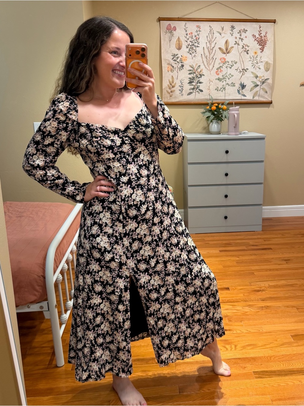 WAYF Black Floral Long Sleeve Maxi Dress with Sweetheart Neckline XL